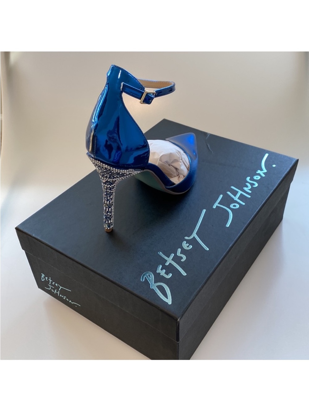 Betsey Johnson Metallic Blue Patent Ankle-Strap Pointed Pump with Crystal Heel - Picture 3 of 3